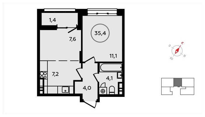 2-комнатная квартира (евро) с полной отделкой, 35.4 м2, 14 этаж, сдача 3 квартал 2024 г., ЖК Скандинавия, корпус 2.22.4 - объявление 2396894 - фото №1