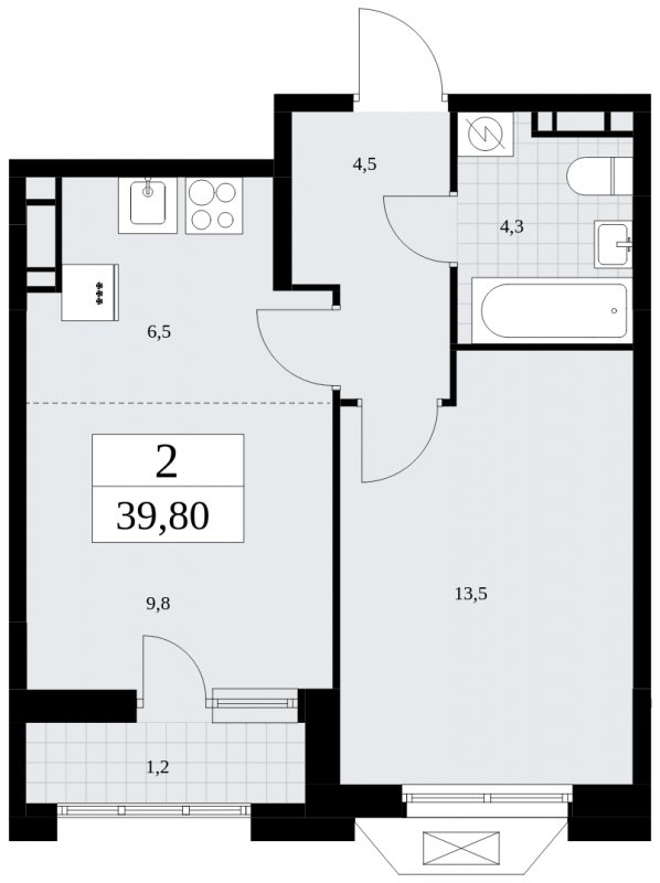 2-комнатная квартира (евро) с частичной отделкой, 39.8 м2, 11 этаж, сдача 4 квартал 2024 г., ЖК Бунинские кварталы, корпус 1.2 - объявление 1834366 - фото №1