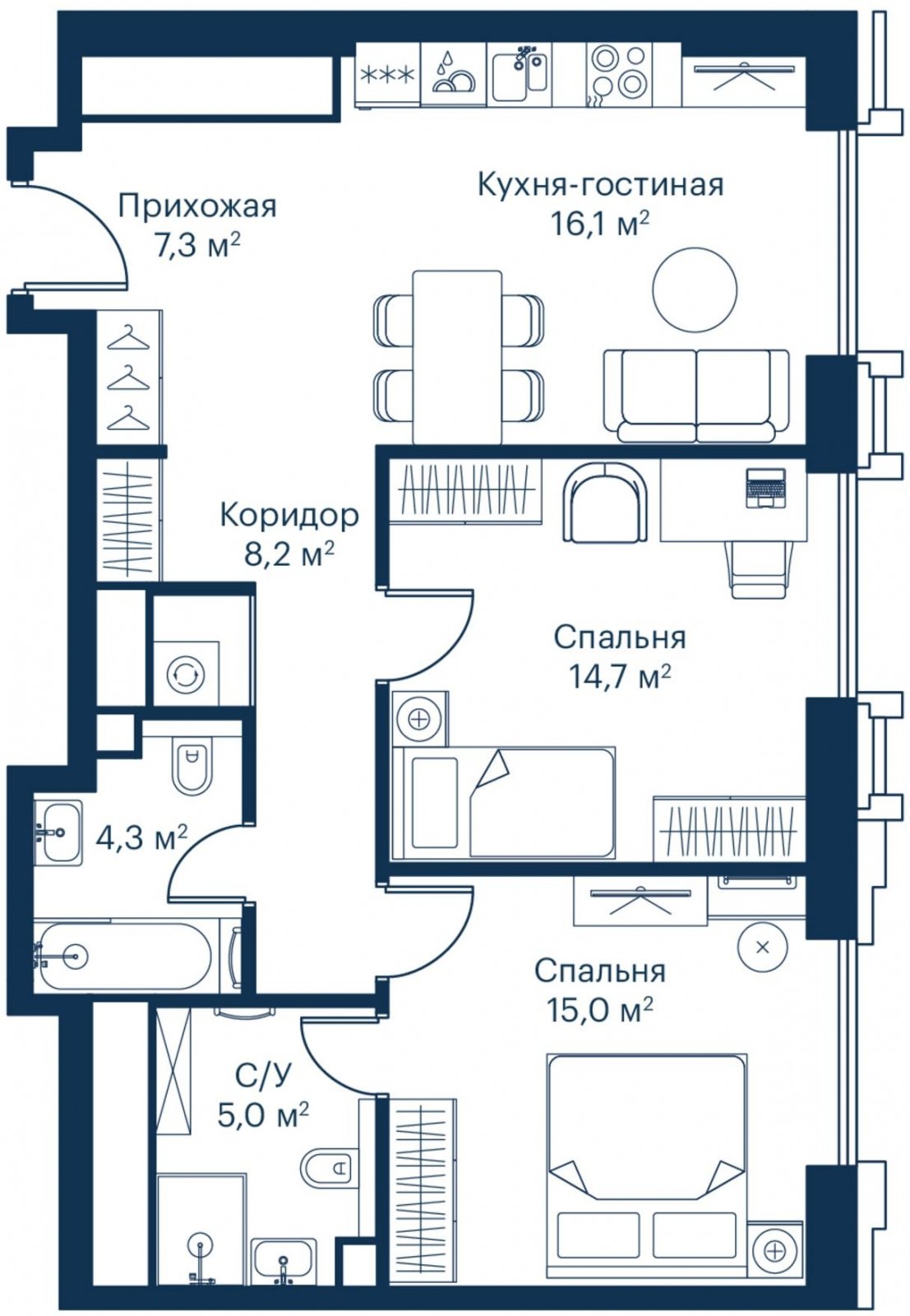 2-комнатная квартира с частичной отделкой, 70.58 м2, 52 этаж, сдача 2 квартал 2024 г., ЖК City Bay, корпус Indian Ocean 1 - объявление 2209145 - фото №1