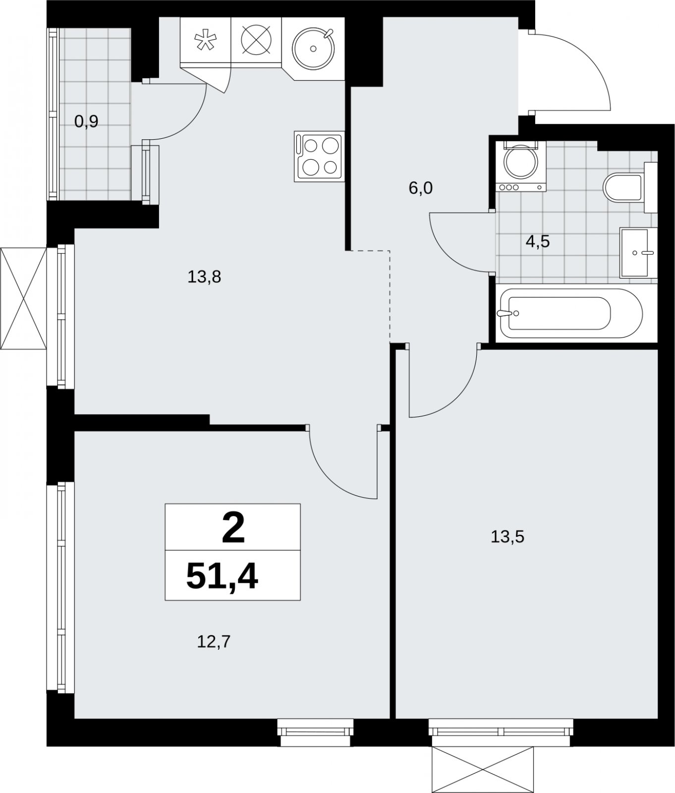 2-комнатная квартира без отделки, 51.4 м2, 4 этаж, сдача 2 квартал 2026 г., ЖК Дзен-кварталы, корпус 6.1.1 - объявление 2327146 - фото №1