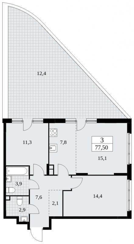 3-комнатная квартира (евро) без отделки, 77.5 м2, 2 этаж, сдача 4 квартал 2024 г., ЖК Скандинавия, корпус 36.1.2 - объявление 1801833 - фото №1