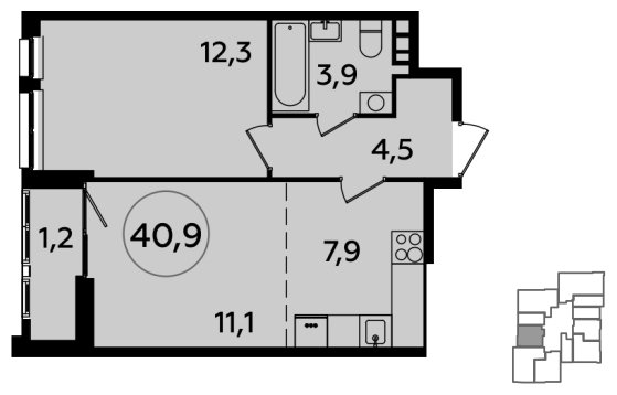 2-комнатная квартира (евро) без отделки, 40.9 м2, 15 этаж, сдача 1 квартал 2024 г., ЖК Южные сады, корпус 1.2 - объявление 1512181 - фото №1