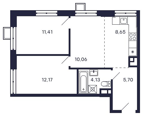 2-комнатная квартира без отделки, 52.12 м2, 11 этаж, сдача 2 квартал 2025 г., ЖК Квартал Тетрис, корпус "Квартал Тетрис 2.1" - объявление 1696570 - фото №1