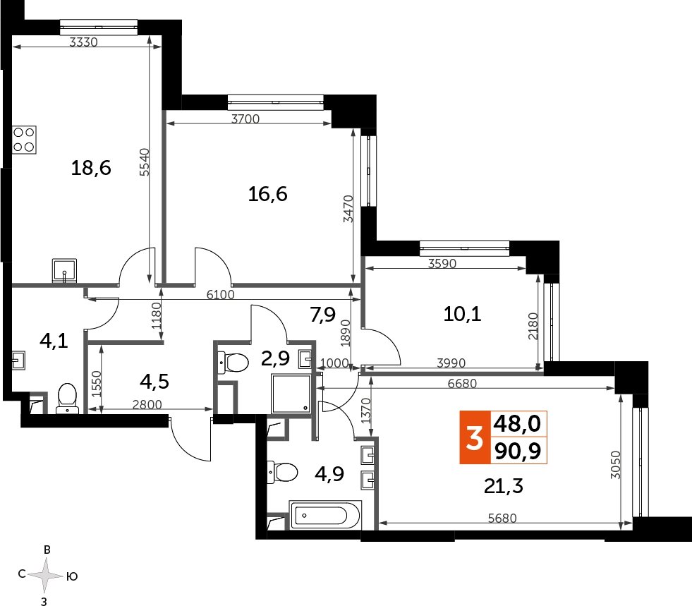3-комнатная квартира с частичной отделкой, 90.9 м2, 18 этаж, сдача 3 квартал 2024 г., ЖК Sydney City, корпус 2.2 - объявление 2282951 - фото №1