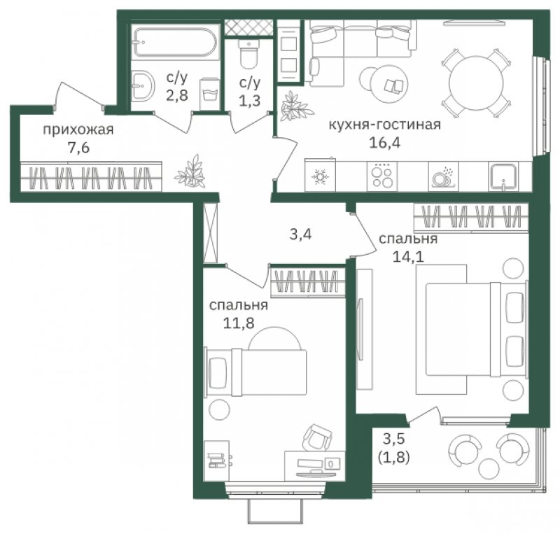 2-комнатная квартира с полной отделкой, 59.2 м2, 14 этаж, дом сдан, ЖК Зеленая Вертикаль, корпус 2 - объявление 1806822 - фото №1