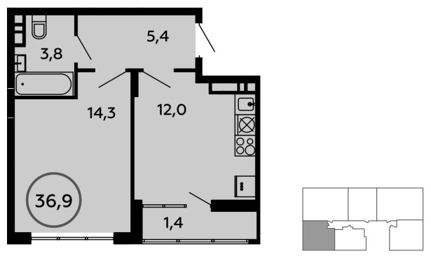 1-комнатная квартира без отделки, 36.9 м2, 13 этаж, сдача 1 квартал 2023 г., ЖК Скандинавия, корпус 2.14.1 - объявление 1499127 - фото №1