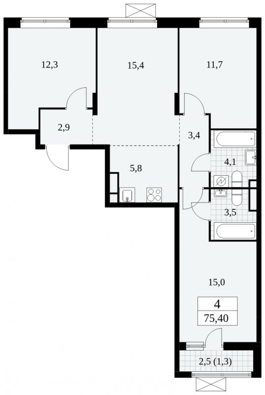 4-комнатная квартира (евро) с полной отделкой, 75.4 м2, 5 этаж, сдача 2 квартал 2025 г., ЖК Прокшино, корпус 5.1.2 - объявление 1860284 - фото №1