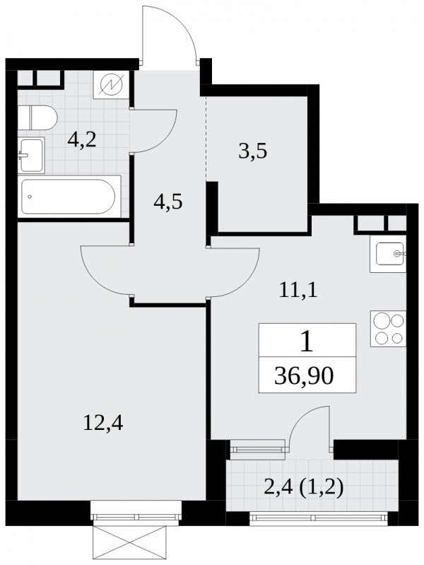 1-комнатная квартира без отделки, 36.9 м2, 4 этаж, сдача 1 квартал 2025 г., ЖК Прокшино, корпус 5.1.3 - объявление 1810732 - фото №1