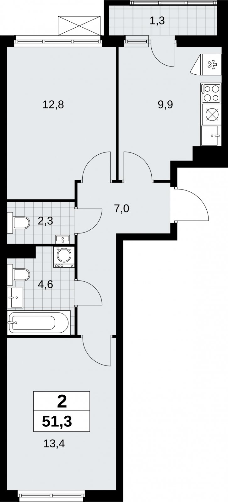 2-комнатная квартира без отделки, 51.3 м2, 6 этаж, сдача 1 квартал 2026 г., ЖК Дзен-кварталы, корпус 6.2.1 - объявление 2328420 - фото №1