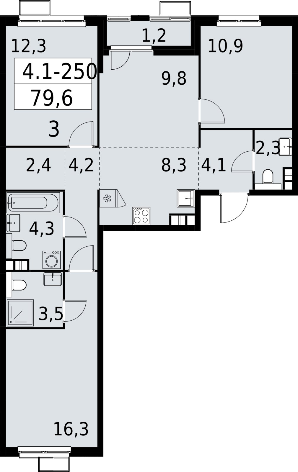 4-комнатная квартира (евро) с полной отделкой, 79.6 м2, 9 этаж, сдача 2 квартал 2027 г., ЖК Южные сады, корпус 4.1.2 - объявление 2392765 - фото №1