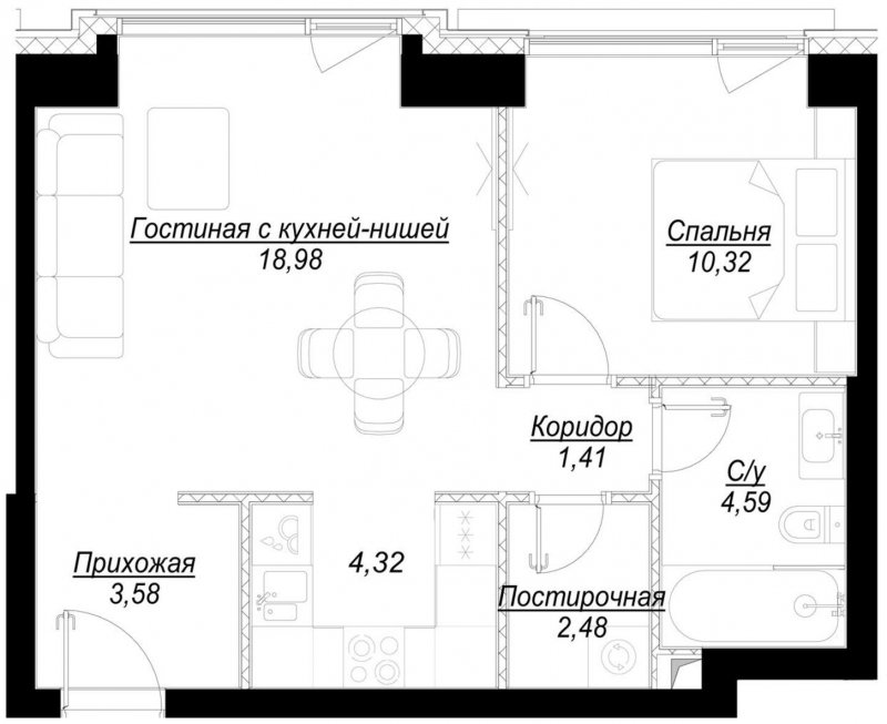 1-комнатная квартира с частичной отделкой, 45.7 м2, 19 этаж, сдача 1 квартал 2023 г., ЖК Hide, корпус RiverSide - объявление 1756839 - фото №1