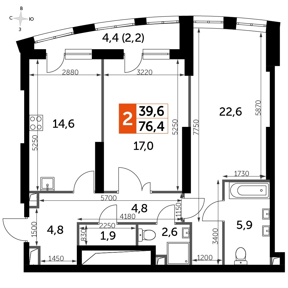 2-комнатная квартира с частичной отделкой, 76.4 м2, 2 этаж, сдача 3 квартал 2024 г., ЖК Sydney City, корпус 2.2 - объявление 2207346 - фото №1