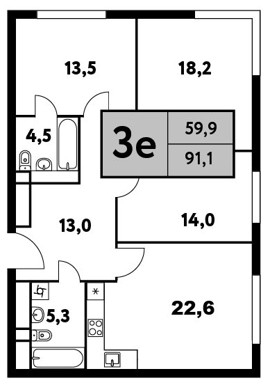 3-комнатная квартира без отделки, 91.1 м2, 27 этаж, сдача 4 квартал 2023 г., ЖК Фестиваль Парк - 2, корпус 24.3 - объявление 1660834 - фото №1