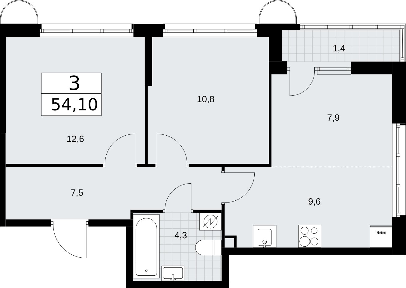 3-комнатная квартира (евро) с полной отделкой, 54.1 м2, 2 этаж, сдача 4 квартал 2026 г., ЖК Родные кварталы, корпус 3.2 - объявление 2378362 - фото №1
