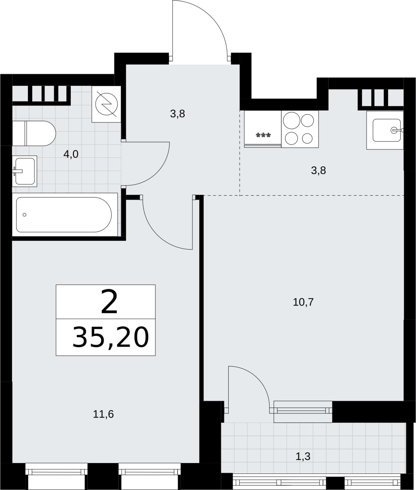 2-комнатная квартира (евро) без отделки, 35.2 м2, 3 этаж, сдача 3 квартал 2026 г., ЖК Родные кварталы, корпус 3.4 - объявление 2378651 - фото №1