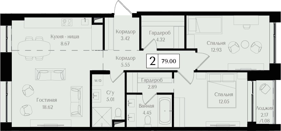 2-комнатная квартира без отделки, 79 м2, 2 этаж, сдача 3 квартал 2025 г., ЖК Преображенская площадь, корпус 3 - объявление 2404346 - фото №1