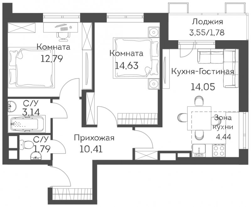 3-комнатная квартира (евро) с частичной отделкой, 63.03 м2, 17 этаж, сдача 2 квартал 2022 г., ЖК Аквилон Митино, корпус 3 - объявление 1322981 - фото №1