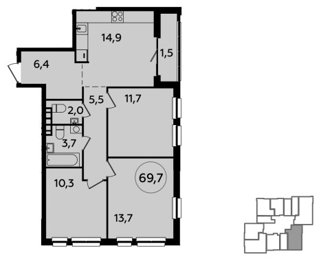 3-комнатная квартира без отделки, 69.7 м2, 14 этаж, сдача 1 квартал 2024 г., ЖК Южные сады, корпус 1.4 - объявление 1512539 - фото №1