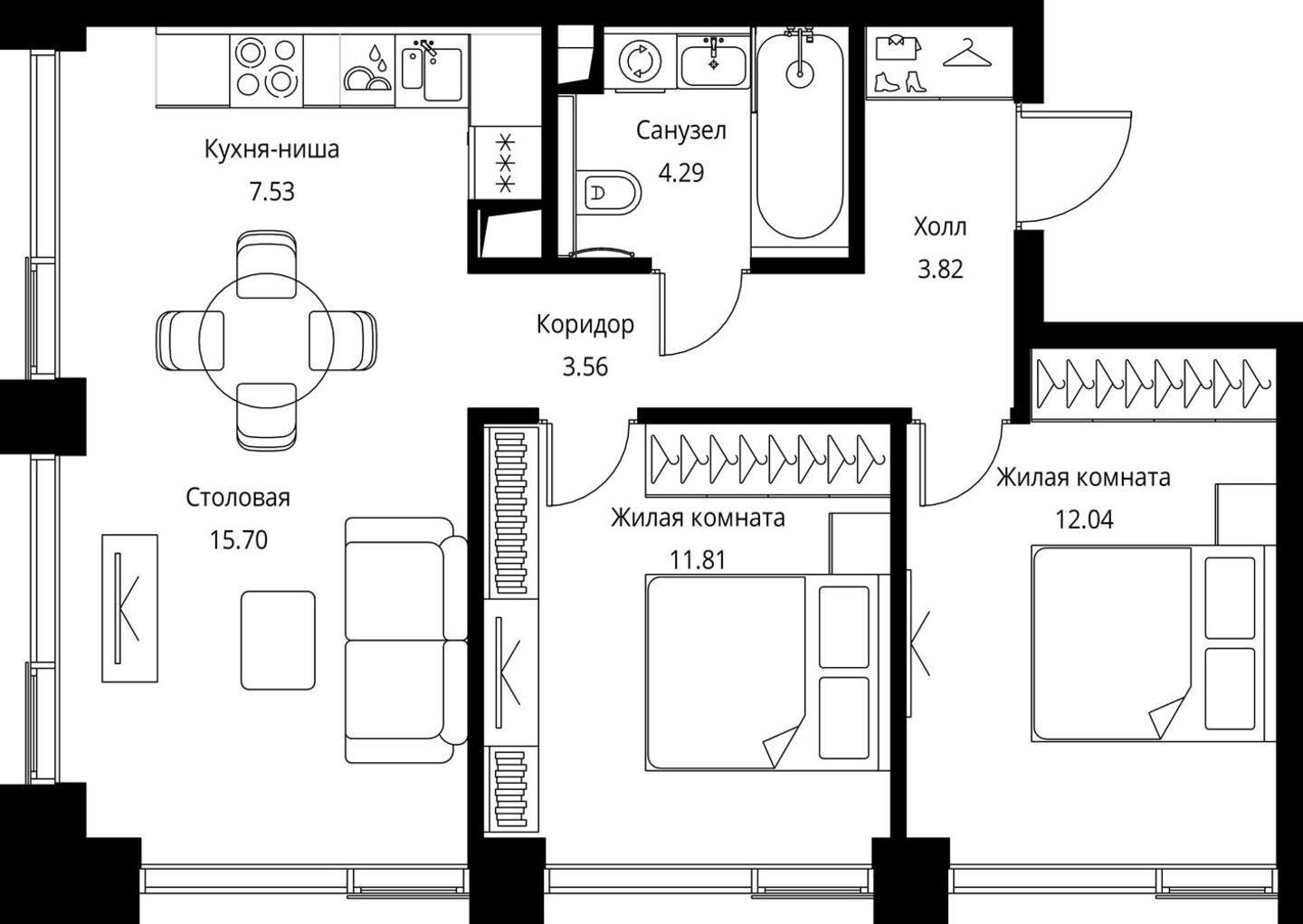 2-комнатная квартира с частичной отделкой, 58.75 м2, 21 этаж, сдача 3 квартал 2026 г., ЖК City Bay, корпус North Ocean 5 - объявление 2240486 - фото №1