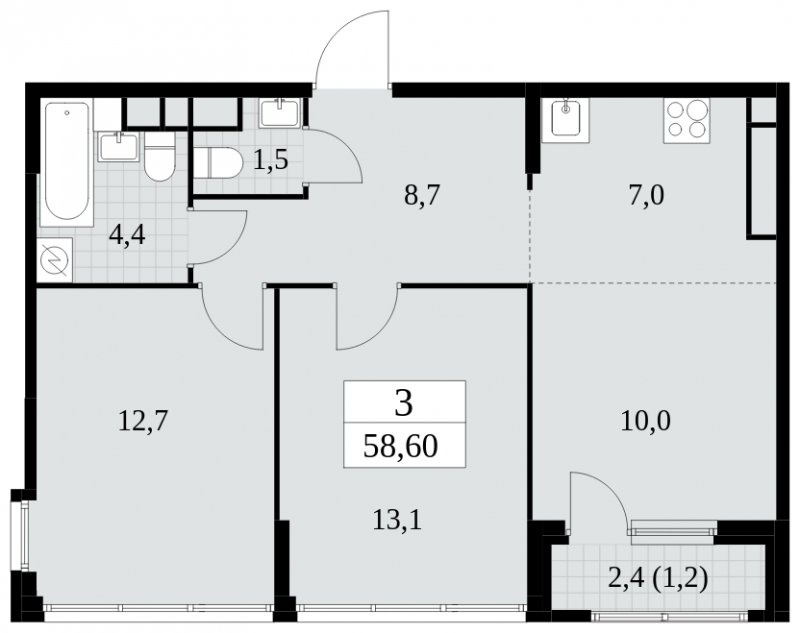 3-комнатная квартира (евро) с частичной отделкой, 58.6 м2, 29 этаж, сдача 2 квартал 2025 г., ЖК Южные сады, корпус 2.2 - объявление 1757672 - фото №1
