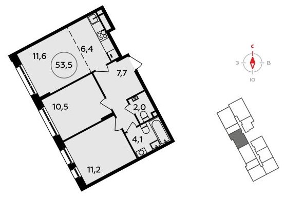 3-комнатная квартира (евро) без отделки, 53.5 м2, 2 этаж, сдача 3 квартал 2023 г., ЖК Прокшино, корпус 4.3 - объявление 1498078 - фото №1