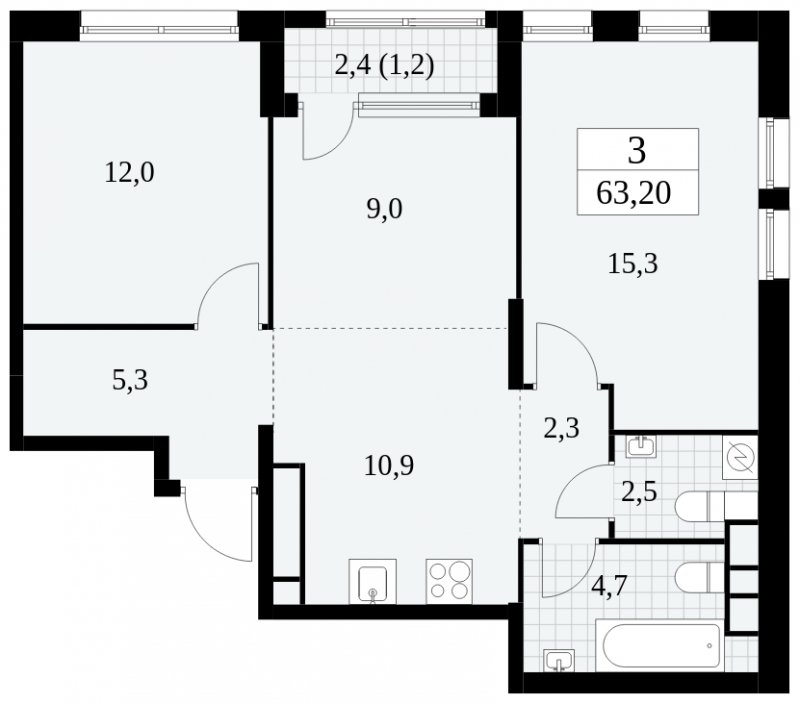 3-комнатная квартира (евро) с частичной отделкой, 63.2 м2, 21 этаж, сдача 2 квартал 2025 г., ЖК Южные сады, корпус 2.1 - объявление 1760038 - фото №1