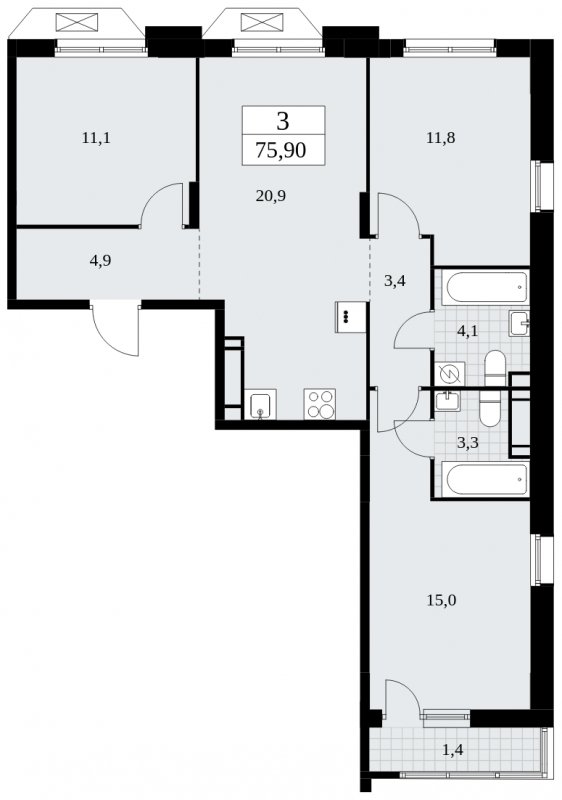3-комнатная квартира с частичной отделкой, 75.9 м2, 16 этаж, сдача 4 квартал 2024 г., ЖК Бунинские кварталы, корпус 1.2 - объявление 1834549 - фото №1