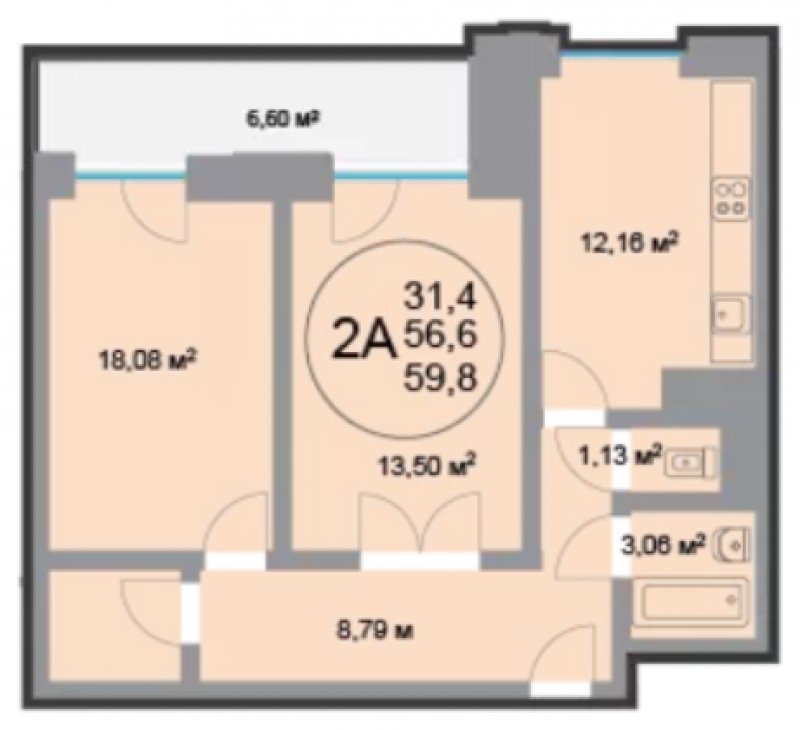 2-комнатная квартира 60.04 м2, 12 этаж, дом сдан, ЖК 28 микрорайон, корпус 2 - объявление 1348860 - фото №1