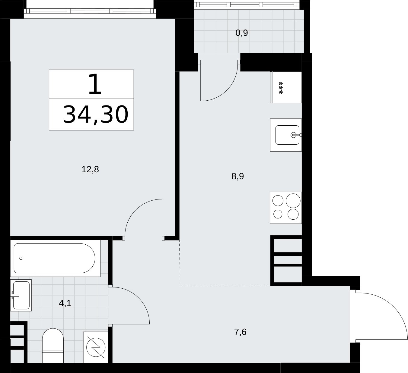 1-комнатная квартира с полной отделкой, 34.3 м2, 6 этаж, сдача 4 квартал 2026 г., ЖК Родные кварталы, корпус 3.3 - объявление 2378576 - фото №1