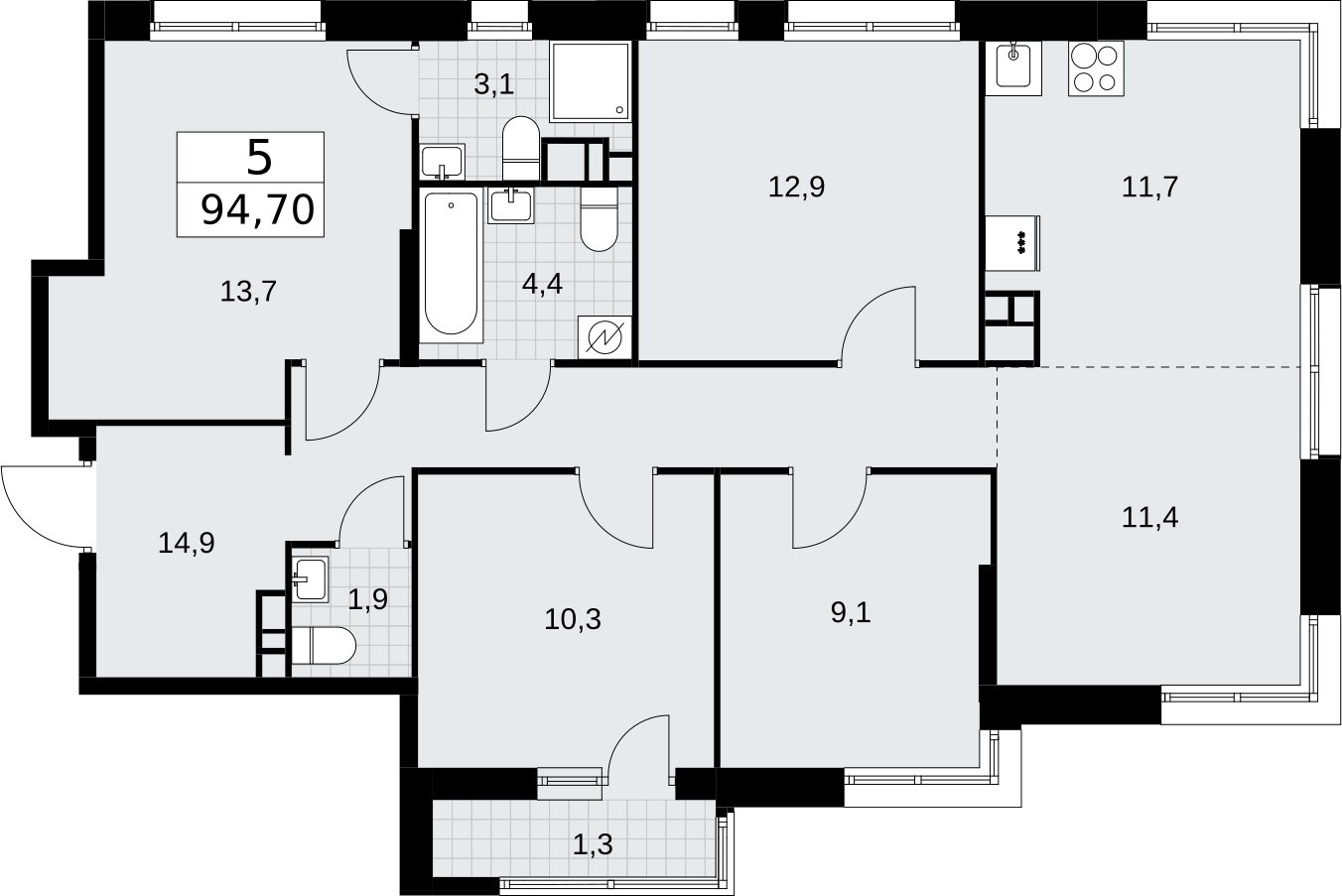 5-комнатная квартира (евро) без отделки, 94.7 м2, 9 этаж, сдача 3 квартал 2026 г., ЖК Родные кварталы, корпус 3.5 - объявление 2378734 - фото №1