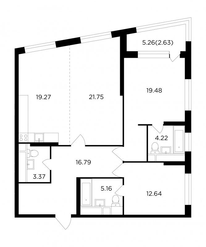 3-комнатная квартира без отделки, 105.31 м2, 20 этаж, сдача 2 квартал 2022 г., ЖК КутузовGRAD 2, корпус 4 - объявление 1748149 - фото №1