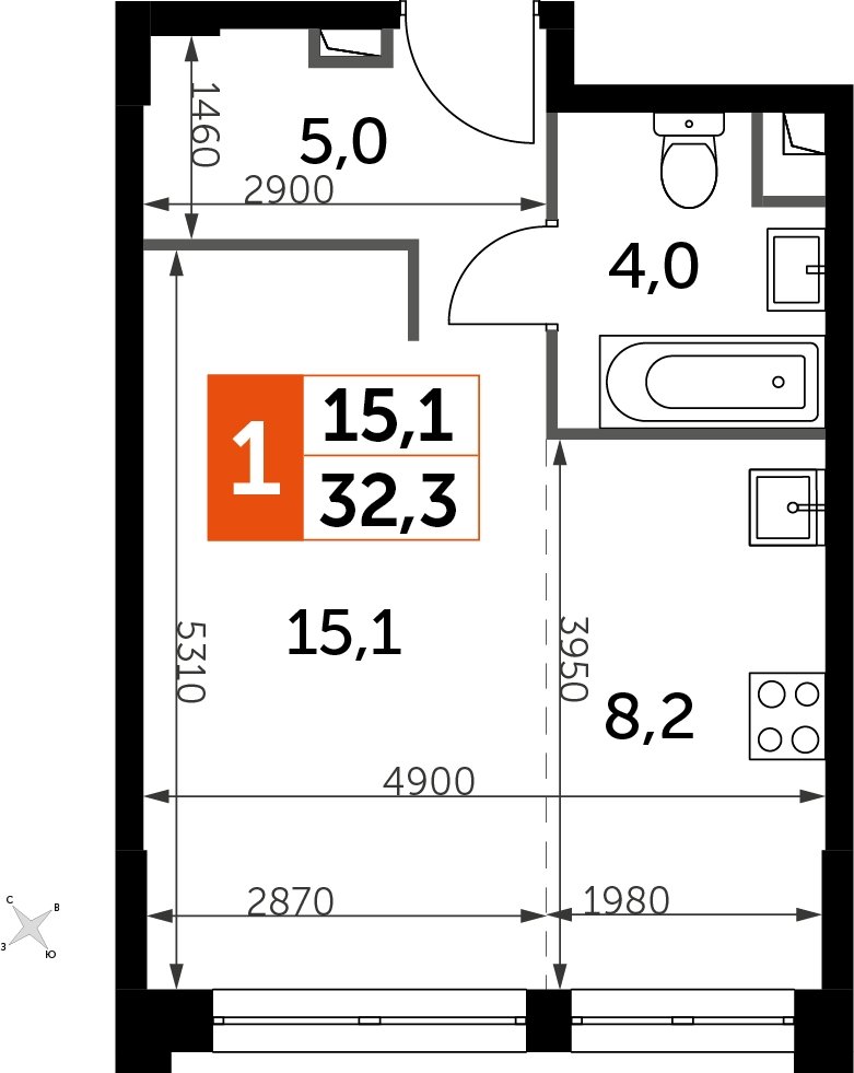 1-комнатная квартира с частичной отделкой, 32.3 м2, 23 этаж, дом сдан, ЖК Sydney City, корпус 1 - объявление 2323037 - фото №1