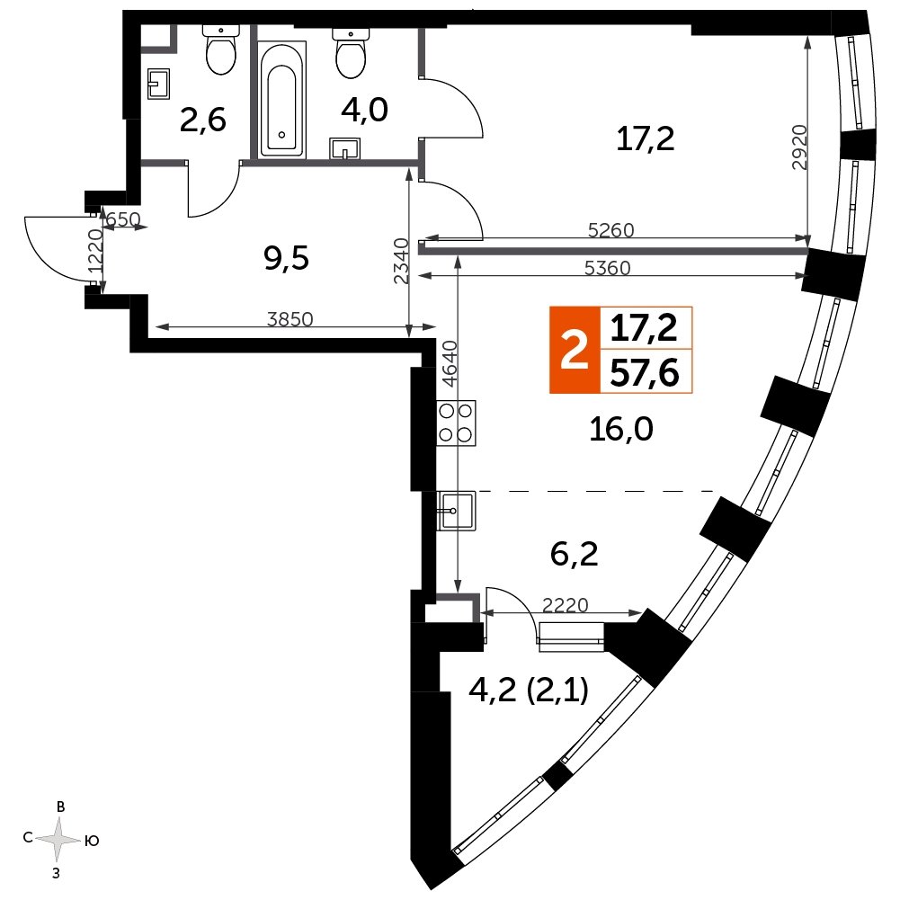 1-комнатная квартира с частичной отделкой, 57.6 м2, 6 этаж, сдача 3 квартал 2024 г., ЖК Sydney City, корпус 2.2 - объявление 2246539 - фото №1