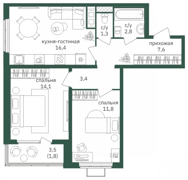 2-комнатная квартира с полной отделкой, 59.5 м2, 8 этаж, дом сдан, ЖК Зеленая Вертикаль, корпус 2 - объявление 1806820 - фото №1