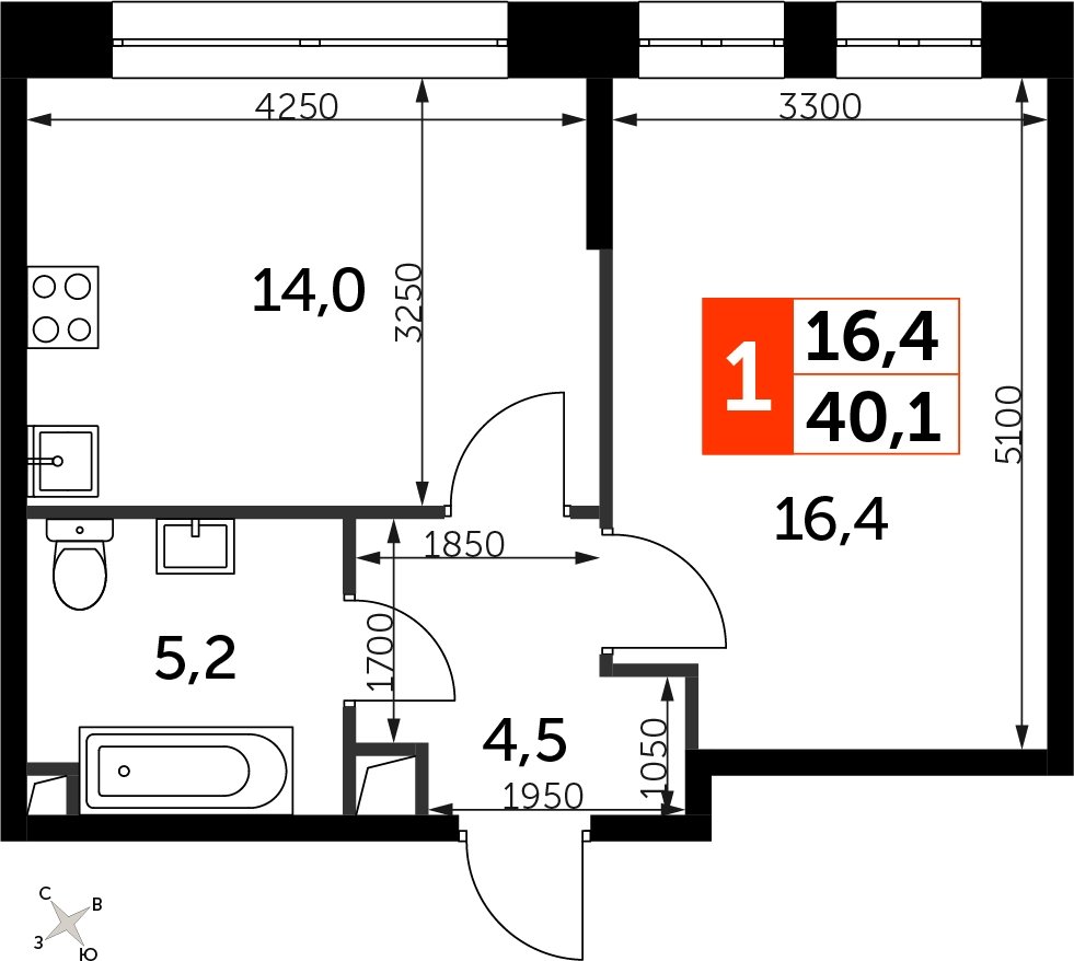1-комнатная квартира с частичной отделкой, 40.1 м2, 19 этаж, сдача 3 квартал 2024 г., ЖК Sydney City, корпус 2.1 - объявление 2207339 - фото №1