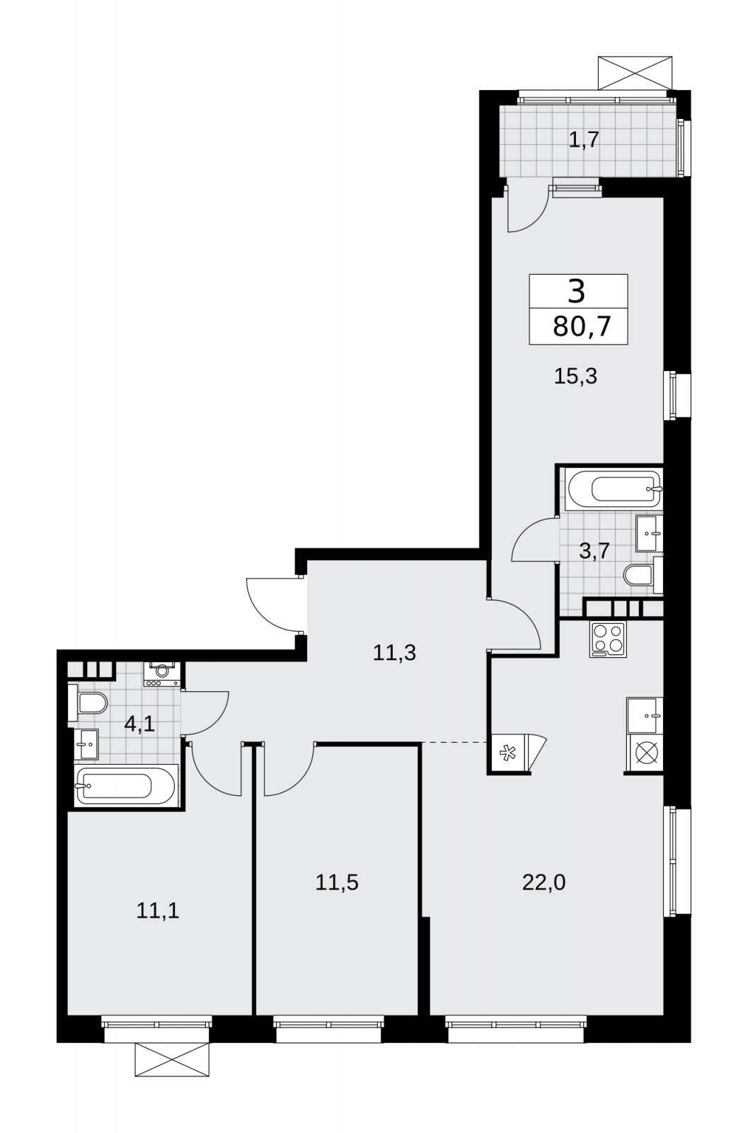 3-комнатная квартира с частичной отделкой, 80.7 м2, 4 этаж, сдача 2 квартал 2026 г., ЖК Дзен-кварталы, корпус 4.1 - объявление 2251361 - фото №1
