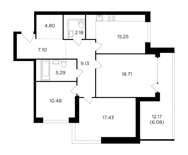 3-комнатная квартира без отделки, 96.45 м2, 24 этаж, дом сдан, ЖК RiverSky, корпус 7 - объявление 1758014 - фото №1
