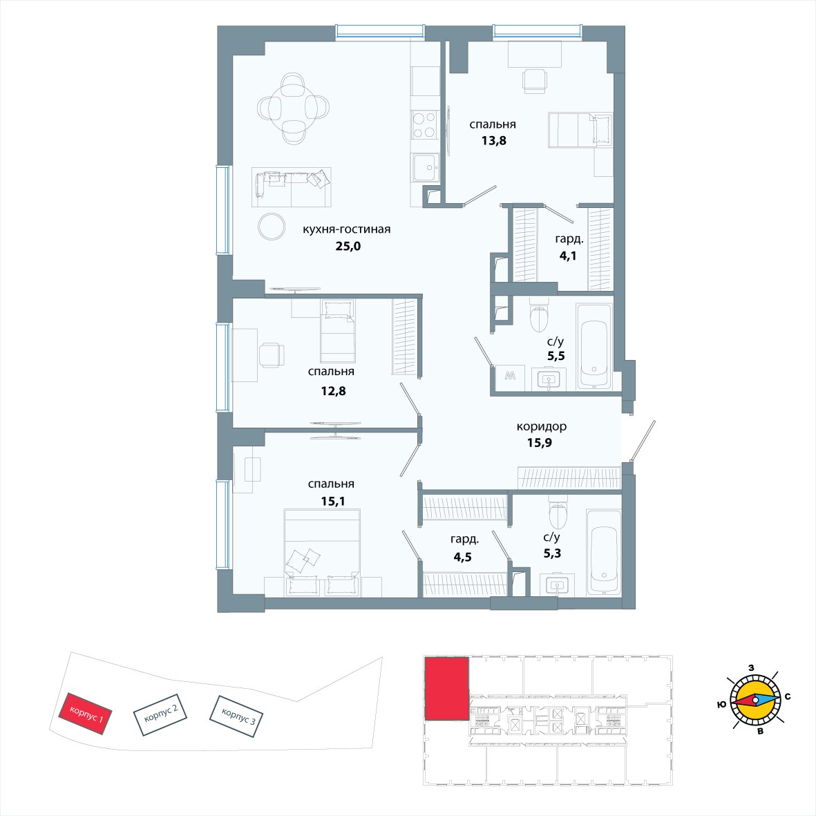 3-комнатная квартира без отделки, 102 м2, 45 этаж, сдача 3 квартал 2025 г., ЖК Событие, корпус 1 в футуристическом "Событие-4" со своими SKY парками и мостами - объявление 2414914 - фото №1