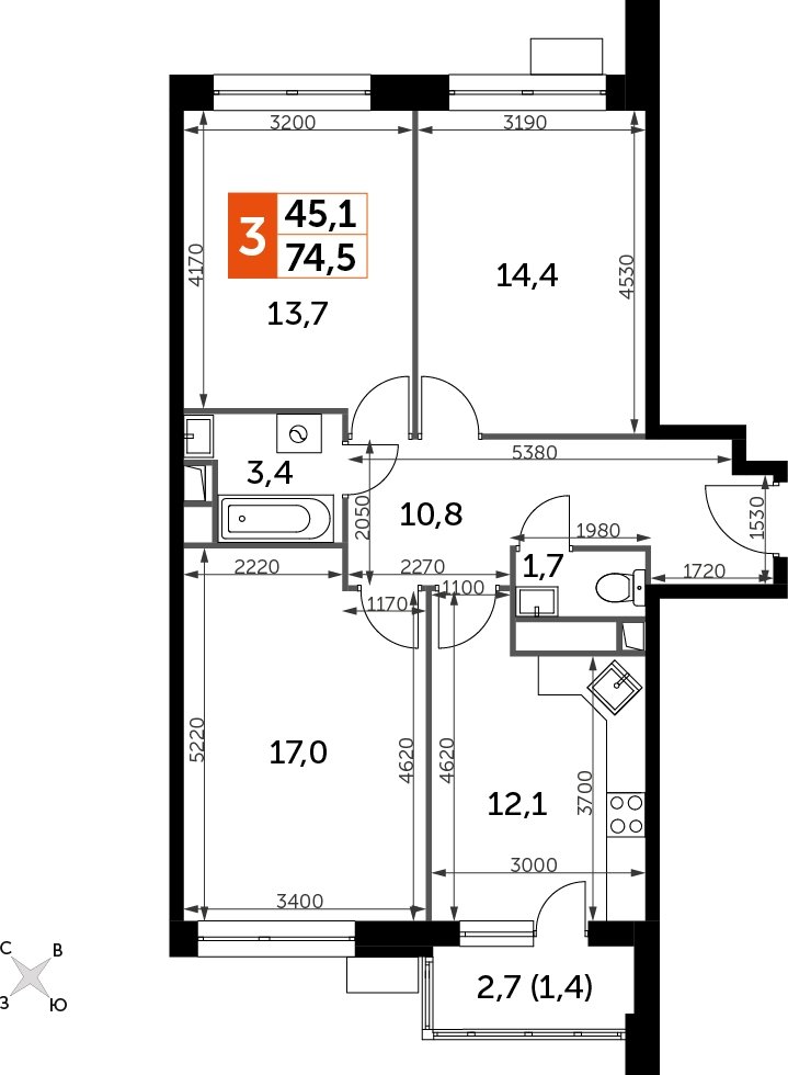 3-комнатная квартира с полной отделкой, 74.4 м2, 13 этаж, дом сдан, ЖК Датский квартал, корпус 2 - объявление 2333487 - фото №1