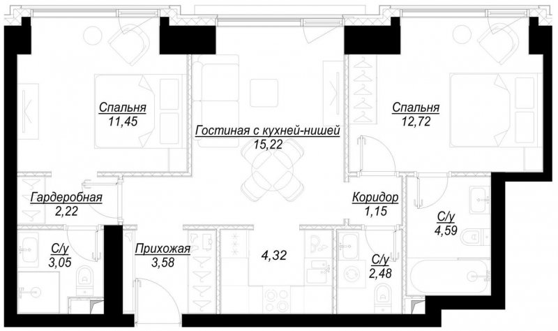 2-комнатная квартира с частичной отделкой, 60.8 м2, 3 этаж, сдача 1 квартал 2023 г., ЖК Hide, корпус RiverSide - объявление 1707066 - фото №1