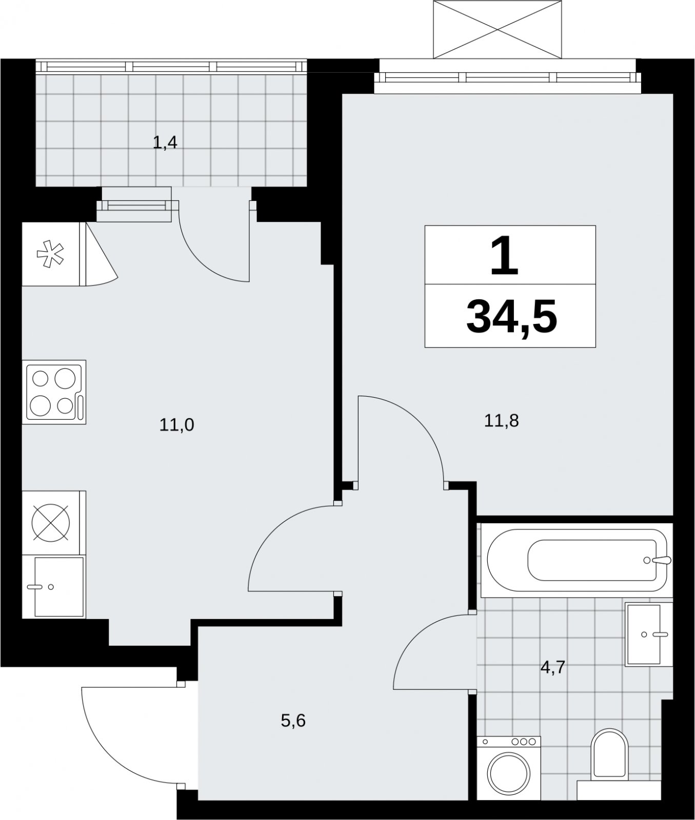 1-комнатная квартира без отделки, 34.5 м2, 14 этаж, сдача 2 квартал 2026 г., ЖК Бунинские кварталы, корпус 9.4 - объявление 2324596 - фото №1