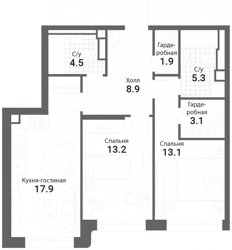 2-комнатная квартира без отделки, 67.9 м2, 13 этаж, сдача 3 квартал 2025 г., ЖК Nagatino i-Land, корпус 2 (3 очередь) - объявление 1786799 - фото №1