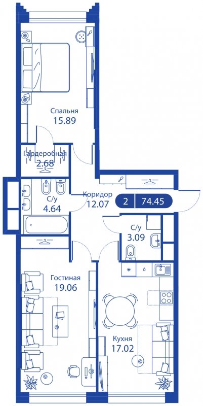2-комнатная квартира без отделки, 74.45 м2, 2 этаж, сдача 4 квартал 2023 г., ЖК iLove, корпус 3 - объявление 1697878 - фото №1