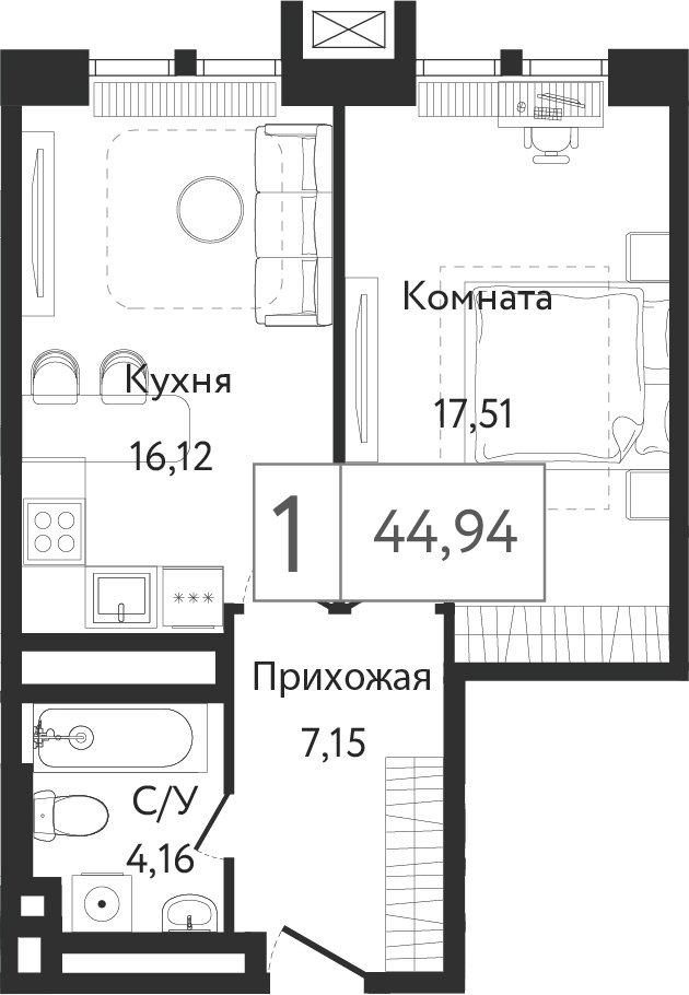 1-комнатная квартира без отделки, 44.94 м2, 5 этаж, сдача 3 квартал 2023 г., ЖК Dream Towers, корпус 2 - объявление 1800552 - фото №1