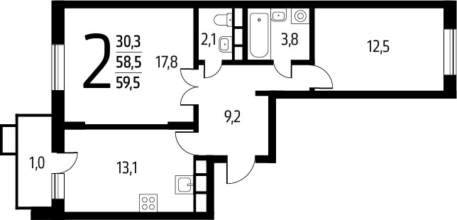 2-комнатная квартира с полной отделкой, 59.5 м2, 7 этаж, сдача 1 квартал 2025 г., ЖК Новые Ватутинки. Заречный, корпус 5/2 - объявление 2271741 - фото №1
