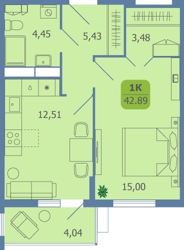 1-комнатная квартира без отделки, 42.89 м2, 14 этаж, сдача 2 квартал 2024 г., ЖК Финский, корпус 4 - объявление 2133138 - фото №1