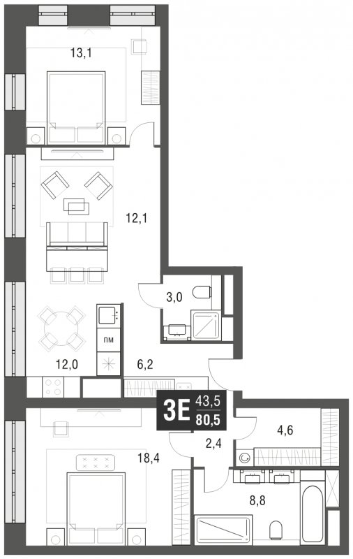 3-комнатная квартира (евро) с частичной отделкой, 80.5 м2, 8 этаж, сдача 2 квартал 2024 г., ЖК AFI Tower, корпус 1 - объявление 1930777 - фото №1