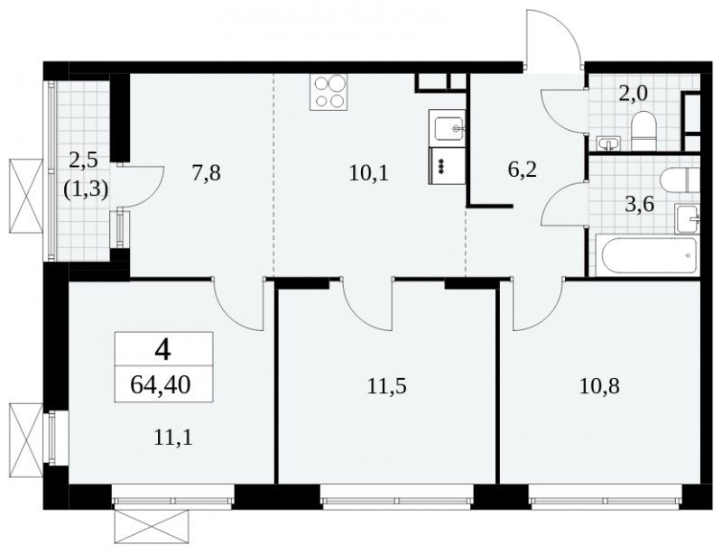 4-комнатная квартира (евро) с частичной отделкой, 64.4 м2, 4 этаж, сдача 3 квартал 2024 г., ЖК Прокшино, корпус 8.2 - объявление 1683768 - фото №1