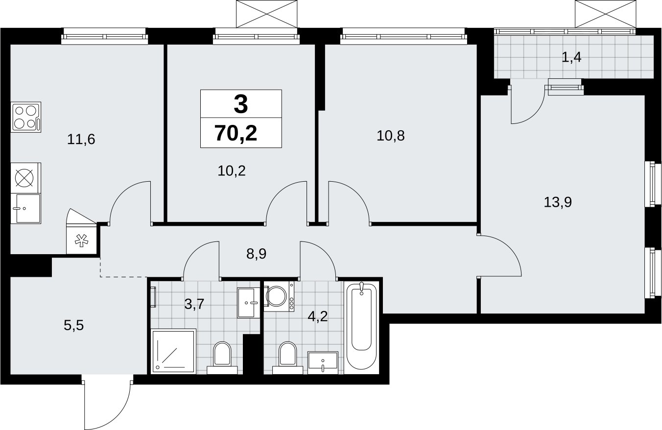 3-комнатная квартира с полной отделкой, 70.2 м2, 3 этаж, сдача 3 квартал 2026 г., ЖК Дзен-кварталы, корпус 6.1.3 - объявление 2327720 - фото №1