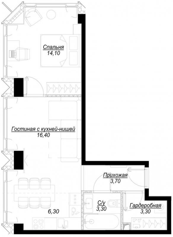 1-комнатная квартира с частичной отделкой, 47.1 м2, 38 этаж, сдача 1 квартал 2023 г., ЖК Hide, корпус ParkLane - объявление 1756849 - фото №1